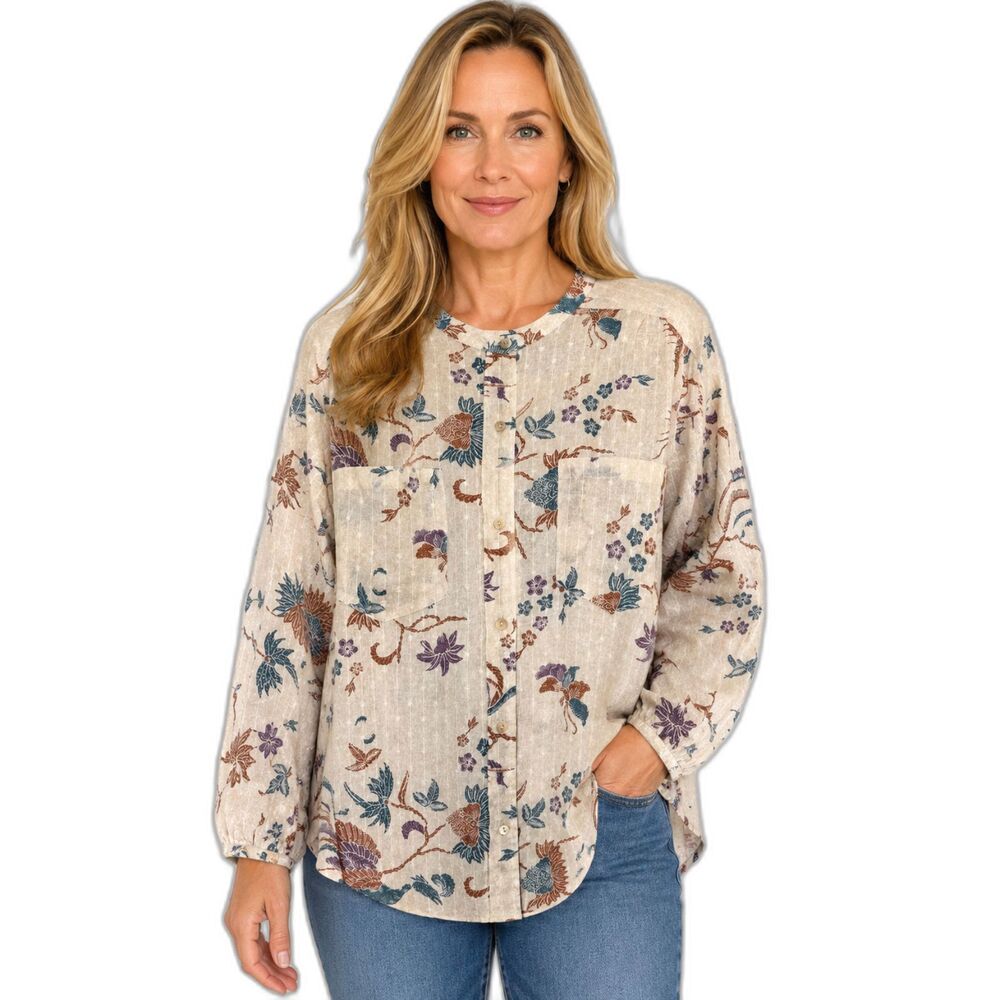WRAP London ZP01 Collarless Printed Cotton Blouse Almond Petrol US 16 Boho